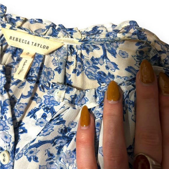 Rebecca Taylor Aimee Floral Silk Mini Shirt Dress Blue White Size 0 - Picture 6 of 12
